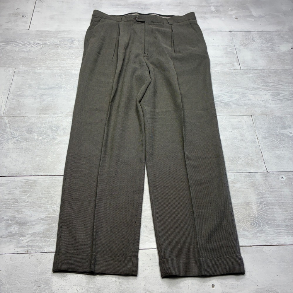 Armani Collezioni Dress Pants Mens 36x30 Green Pleated Cuffed Micro Pattern